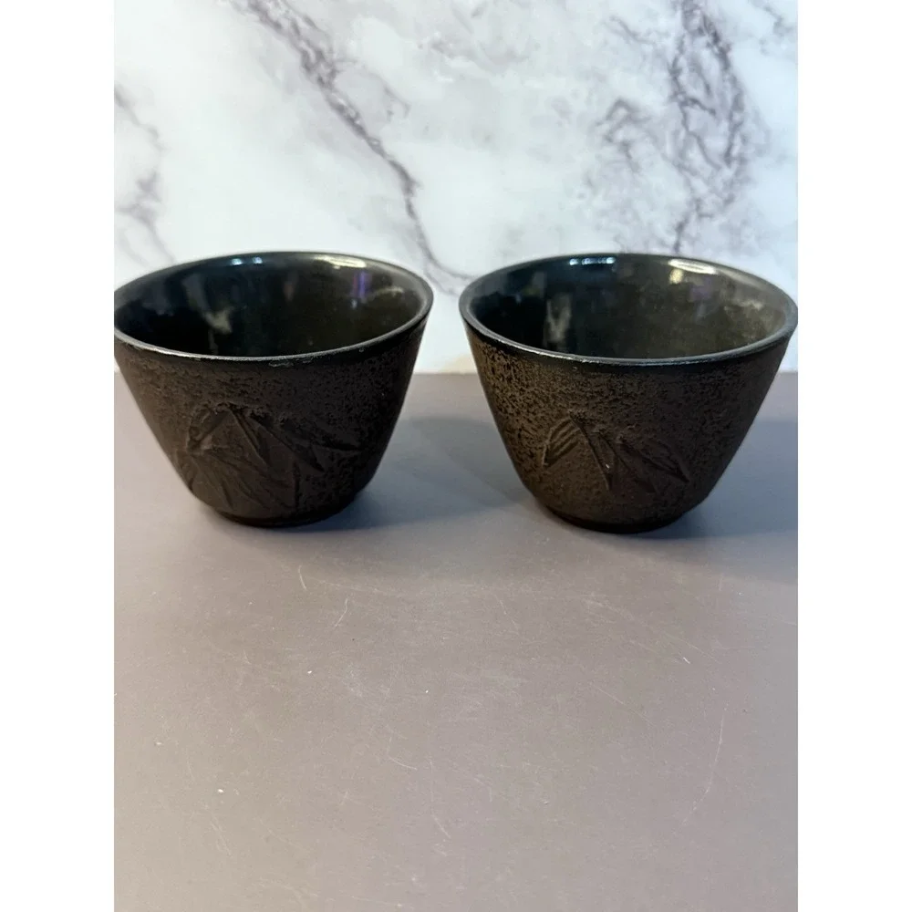 Tetsubin Tea Cups Cast Iron Bamboo Floral Design Set of Two Brown and Black Pair